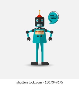 Retro vintage funny vector robot icon in flat style isolated on grey background. Vector vintage illustration of flat Chatbot icon. Customer support service chat bot. Cute cartoon retro robot icon