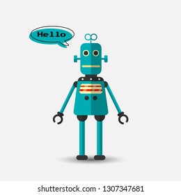 Retro vintage funny vector robot icon in flat style isolated on grey background. Vector vintage illustration of flat Chatbot icon. Customer support service chat bot. Cute cartoon retro robot icon