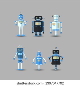 Retro vintage funny vector robot set icon in flat style isolated on grey background. Vintage illustration of flat Chatbot icon collection. Set of Cute cartoon retro robot icons, vintage chat bot set