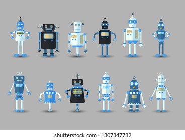 Retro vintage funny vector robot set icon in flat style isolated on grey background. Vintage illustration of flat Chatbot icon collection. Set of Cute cartoon retro robot icons, vintage chat bot set