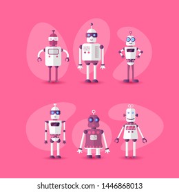 Retro vintage funny vector robot set icon in flat style isolated on pink background. Gradient modern flat Chatbot icon collection. Set of Cute cartoon retro robot icons, chat bot set isolated on pink