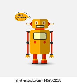 Retro vintage funny vector robot icon in flat style isolated on grey background. Vector vintage illustration of flat Chatbot icon. Customer support service chat bot. Cute cartoon retro robot icon