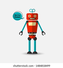 Retro vintage funny vector robot icon in flat style isolated on grey background. Vector vintage illustration of flat Chatbot icon. Customer support service chat bot. Cute cartoon retro robot icon