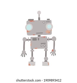 Retro vintage funny vector robot icon in flat style isolated on grey background. Vector vintage illustration of flat Chatbot icon. Customer support service chat bot. Cute cartoon retro robot icon.