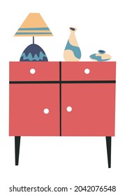 Retro vintage furniture, isolated drawers with lampshade and vase with geometric print. Styling home and making interior design appealing. Shop or store with sample look. Vector in flat style