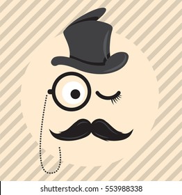 Retro, vintage gentleman in a hat cylinder with  mustache and  monocle icon isolated on light coloured background. Vector art