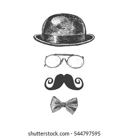 Retro, vintage gentleman set. Bowler hat, moustache, eye-glasses and bow tie. Gentlemen icon collection. Hand drawn vector illustration