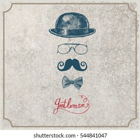 Retro, vintage gentleman set. Bowler hat, moustache, eye-glasses and bow tie. Gentlemen vector icon collection. Hand drawn illustration