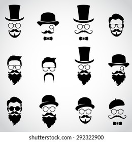 Retro, vintage gentleman set. Collection of diverse male faces. Vector art.