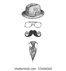 Retro, vintage gentleman set. Fedora hat, moustache, eye-glasses and tie. Gentlemen icon collection. Hand drawn vector illustration