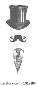 Retro, vintage gentleman set. Top hat, moustache and tie. Gentlemen icon collection. Hand drawn vector illustration