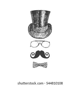 Retro, vintage gentleman set. Top hat, moustache, eye-glasses and bow tie. Gentlemen icon collection. Hand drawn vector illustration