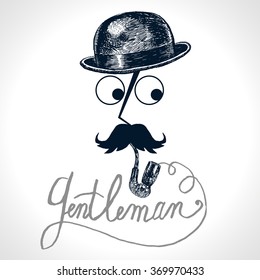 Retro, vintage gentleman. Snobby reach man in black bowler hat, pipe and big moustaches. Icon set vector. Hand drawn portrait