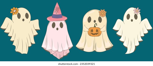 Retro Vintage Ghosts Graphic Designs for Halloween Set-Phantoms with pumpkin and witch hat pack