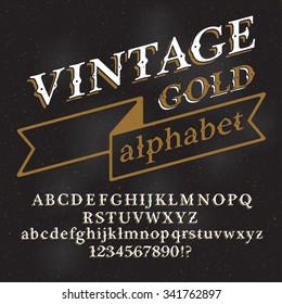 Retro vintage gold alphabet font. Custom type letters and numbers on a dark grunge background. Stock vector typography for labels, headlines, posters etc.