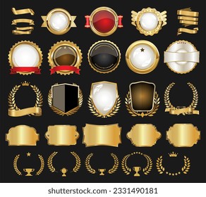 Retro vintage golden badges labels shields and ribbons design elements 