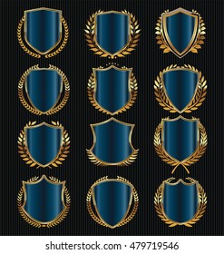 Retro vintage golden laurel wreath and shields collection