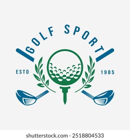 Retro Vintage Golf Emblem Design with Leaf Elements and Golf Tools Professional Golf Ball and Club Symbol Vector Illustration