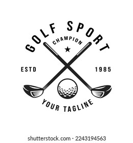 Retro vintage golf, professional golf ball logo template design, golf championship, badge or icon with crossed golf clubs and ball on tee. Vector illustration. symbol, icon
