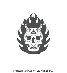 Retro Vintage Gothic Horned Satanic Skull Illuminati Fire Illustration Vector