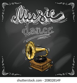 Retro vintage gramophone in sketch style on chalkboard background for dance party poster flyer vector illustration