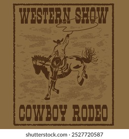 Retro and vintage graphic design of a cowboy riding a horse, cowboy rodeo, American cowboy rodeo show