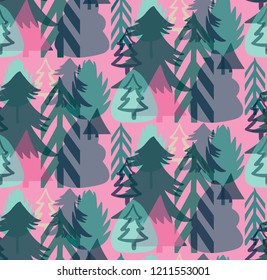 Retro vintage graphic multicolor lovely holiday new year pattern of Christmas trees vector hand illustration. Perfect for cards, textile, wallpaper, background, wrapping paper