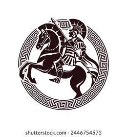 Retro Vintage Greek Sparta Spartan Horseback Knight Warrior with Coin Ornament Shape, Illustration Design Vector