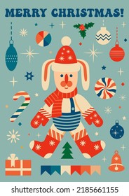 Retro vintage greeting card with Christmas Rabbit. Christmas card. Vector illustration