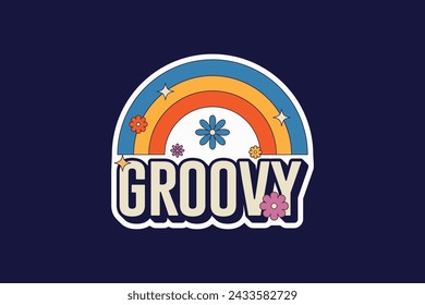Retro vintage groovy colorful lettering with rainbow and flowers