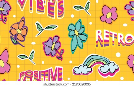 Retro vintage groovy style flower drawings. Seamless pattern repeating texture background fun design for fashion graphics, textile prints, fabrics, etc.