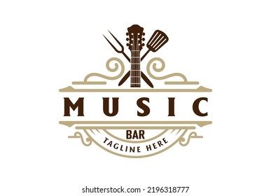 Retro Vintage Guitar with Crossed Fork and Spatula for Bar Cafe Music Badge Emblem Logo Design