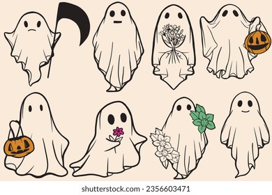 Retro Vintage Halloween Ghosts Pack und Set Grafikelemente perfekt für T-Shirt und Grafikdesign, Beste Groovy Phantome für eine schöne Jahreszeit 