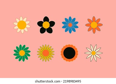 Retro vintage hand drawn decorative Hippie flowers, 60s and 70s abstract flower in bright colors, Modern trendy minimalist basic figures.