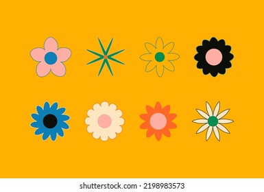 Retro vintage hand drawn decorative Hippie flowers, 60s and 70s abstract flower in bright colors, Modern trendy minimalist basic figures.