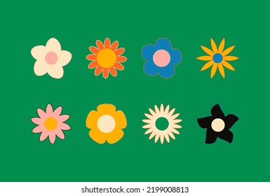Retro vintage hand drawn decorative Hippie flowers, 60s and 70s abstract flower in bright colors, Modern trendy minimalist basic figures.