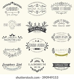 Retro vintage hand drawn insignias and logotypes set. Ornate vector design elements, business signs, logos, identity, labels, laurels, badges, stickers and other branding objects.