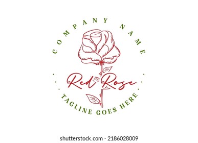 Retro Vintage Hand Drawn Red Rose Flower Logo Design