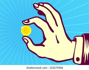 retro vintage hand holding euro coin between thumb and index finger