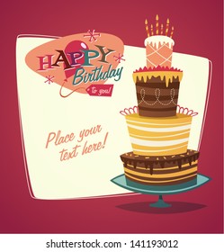 Retro Vintage Happy Birthday Card With Cake