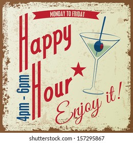 Retro Vintage Happy Hour Drink Typographical Background, Vector Design