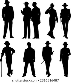 The Retro Vintage Hat Silhouette Vector Set of Men in Stylish Poses, Vintage Charm, Fashionably Retro, Old World Glamour