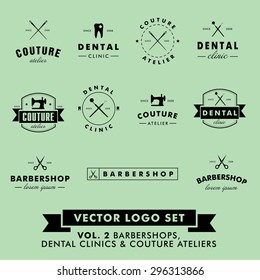 Retro Vintage Hipster Barbershop, Couture Atelier And Dental Clinic Vector Logo Set. 