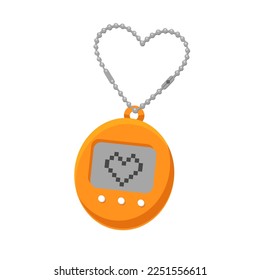 Retro vintage hipster electronic toy tamagochi in the form of an egg with poxel heart on the screen, kids gadget from the 00's, 90's for grooming a pet. Vector flat illustration.