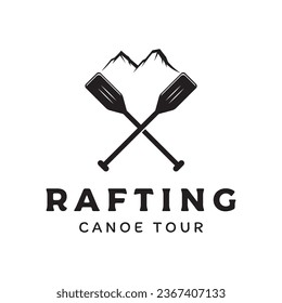 Retro vintage hipster element of rafting or kayaking logo with mountains and forest.Logo for rafting club,sports,adventure and badge.
