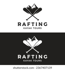 Retro vintage hipster element of rafting or kayaking logo with mountains and forest.Logo for rafting club,sports,adventure and badge.