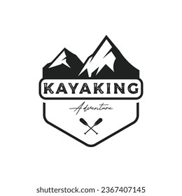 Retro vintage hipster element of rafting or kayaking logo with mountains and forest.Logo for rafting club,sports,adventure and badge.