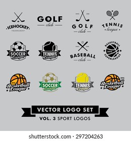 Retro Vintage Hipster Sport Vector Logo Set. Baseball, tennis, soccer, football, golf, icehockey, basketball. 