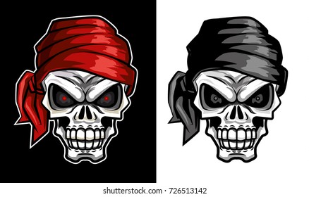 Retro vintage horror skull with bandana set - vector illustration