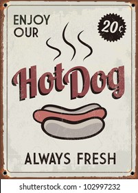 Retro Vintage Hotdog Tin Sign with Grunge Effect